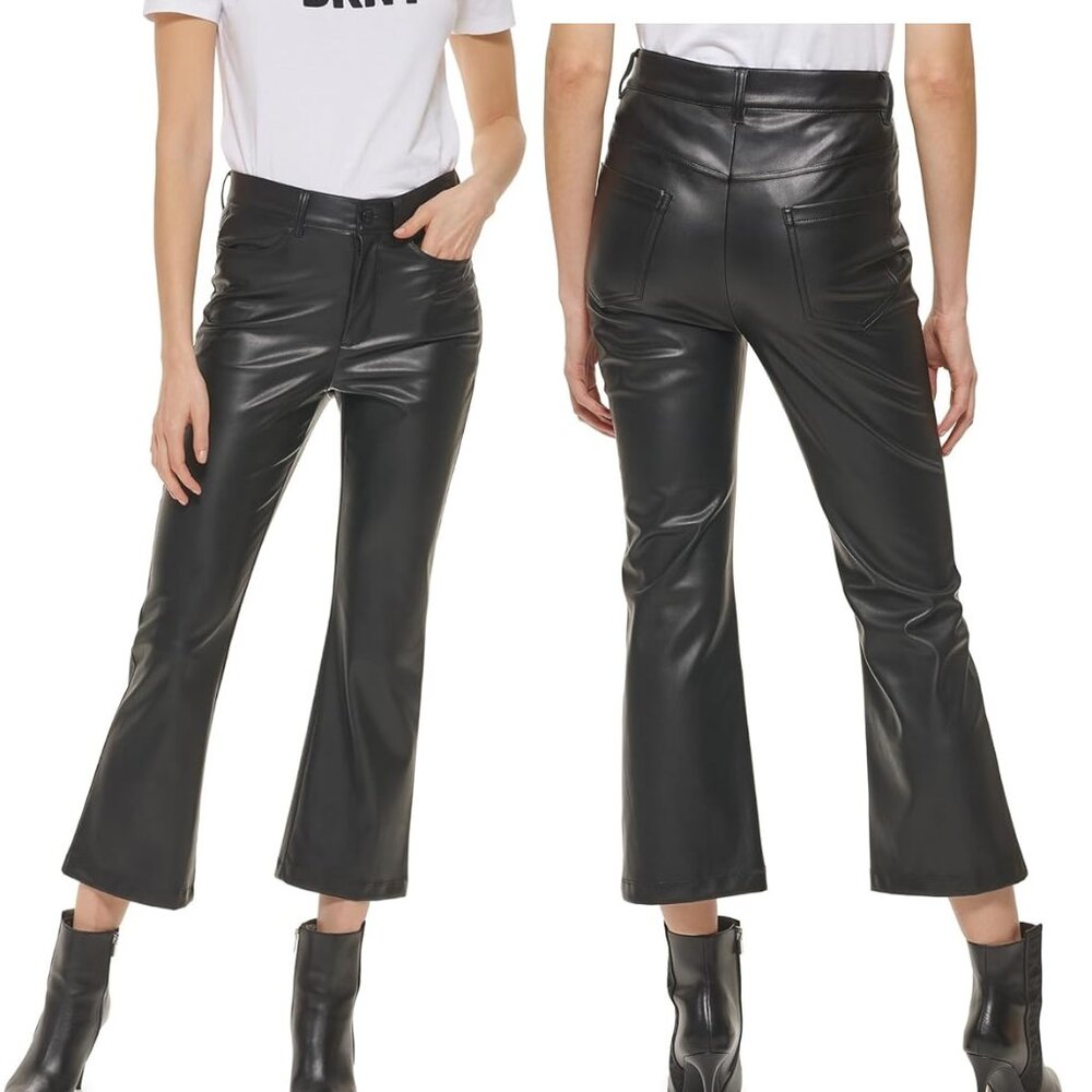 NWT DKNY Everyday Essential Kick Flare Black Faux Leather Pants size 6